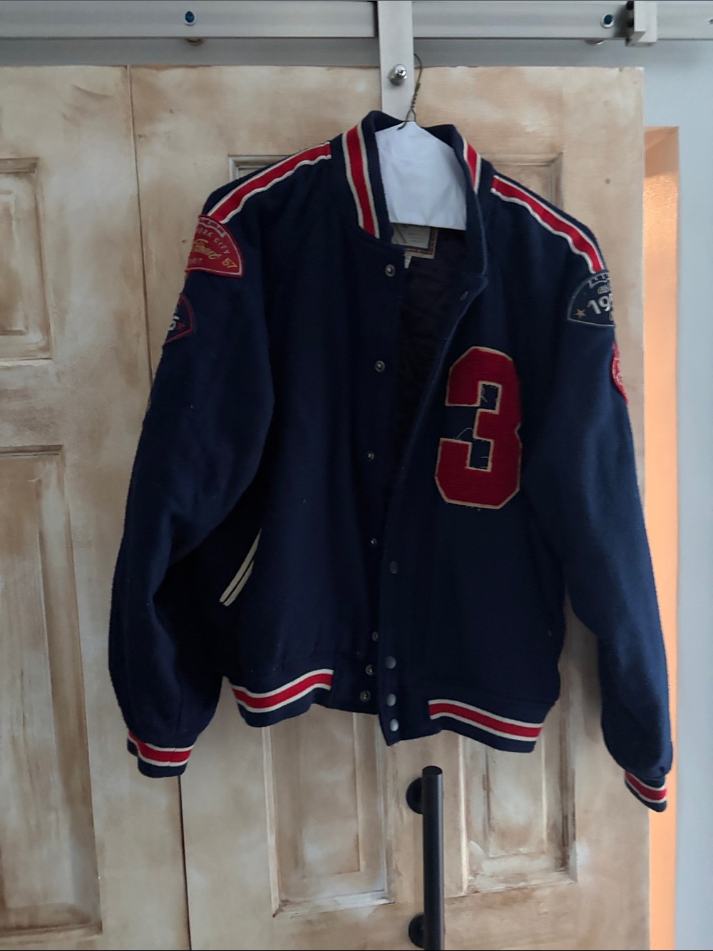 GAP Navy Bomber Varsity Jacket with Red Accents